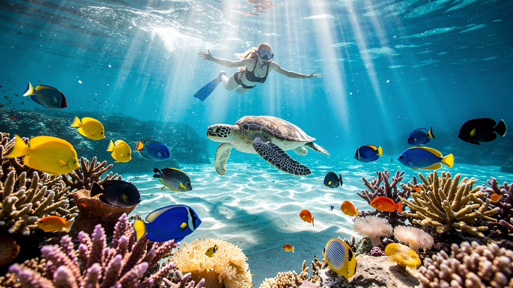Snorkeling in crystal clear Hawaii waters with colorful tropical fish, coral reef and a sea turtle visible