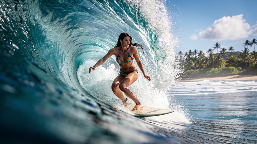Young dark-haired woman surfing a large wave at Banzai Pipeline Hawaii wearing colorful bikini