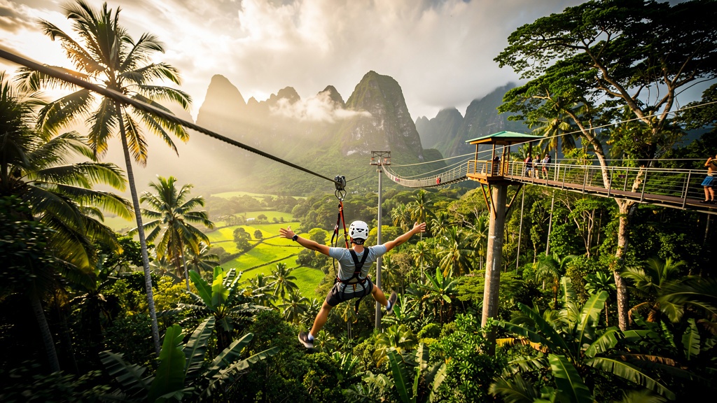 Zipline adventure through Hawaii's lush tropical rainforest canopy with ocean views in the distance