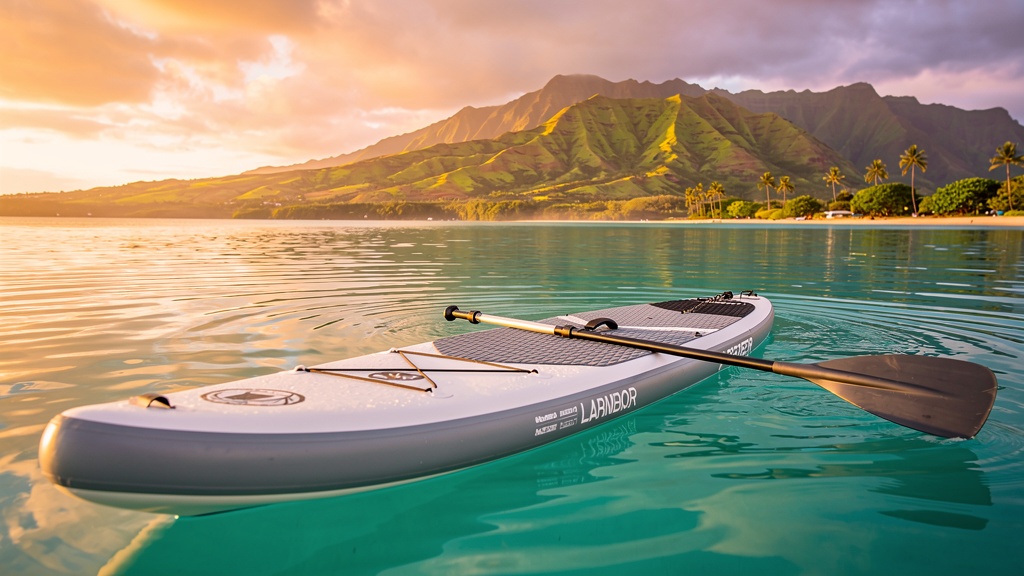 Paddleboard floating on a calm bay at golden hour