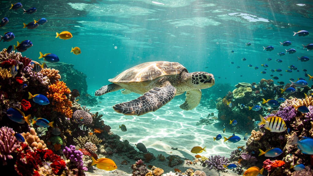 Colorful coral reef with tropical fish and a sea turtle