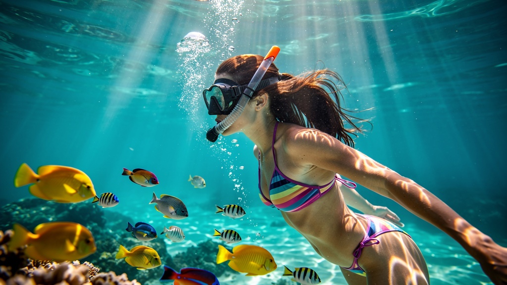 Young woman with dark hair snorkeling in crystal clear Hawaii ocean surrounded by tropical fish and coral