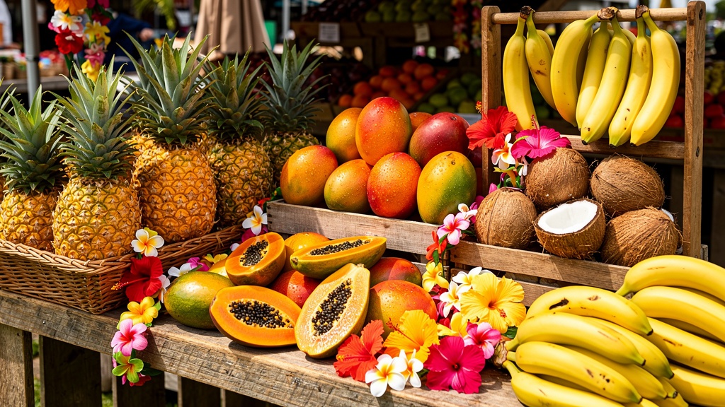 Farmer's market stall with tropical fruit in Hawaii