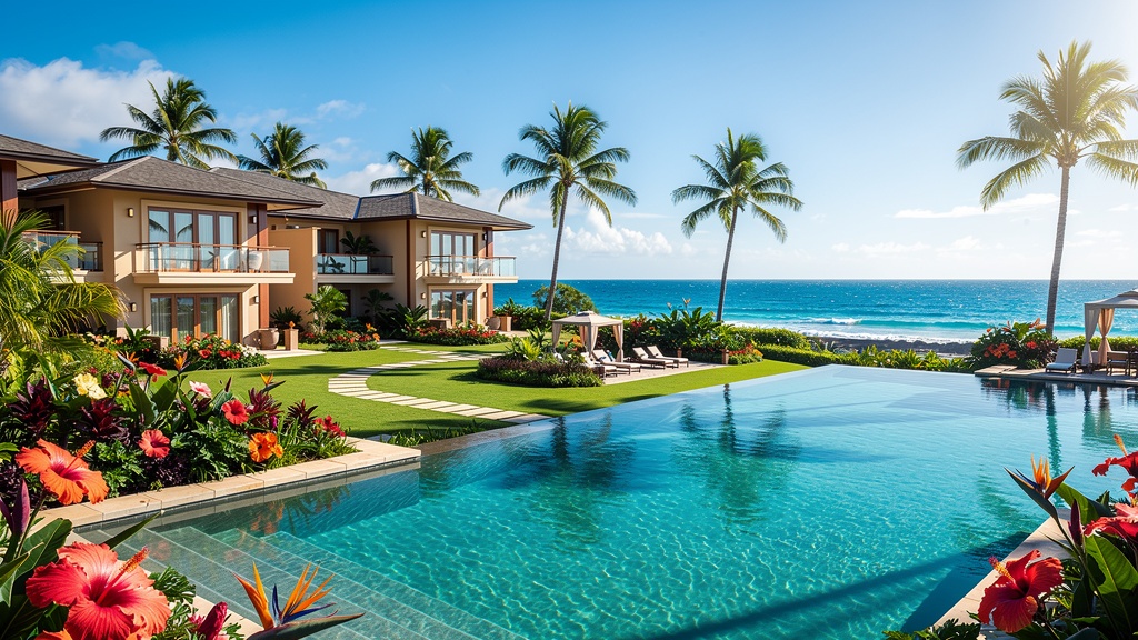 Hawaiian resort pool overlooking the ocean at sunset