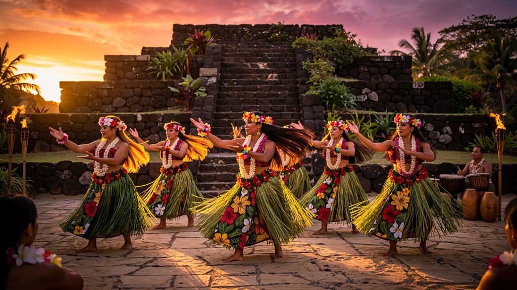 Traditional Hawaiian hula dance performance with lei garlands and tiki torches at sunset