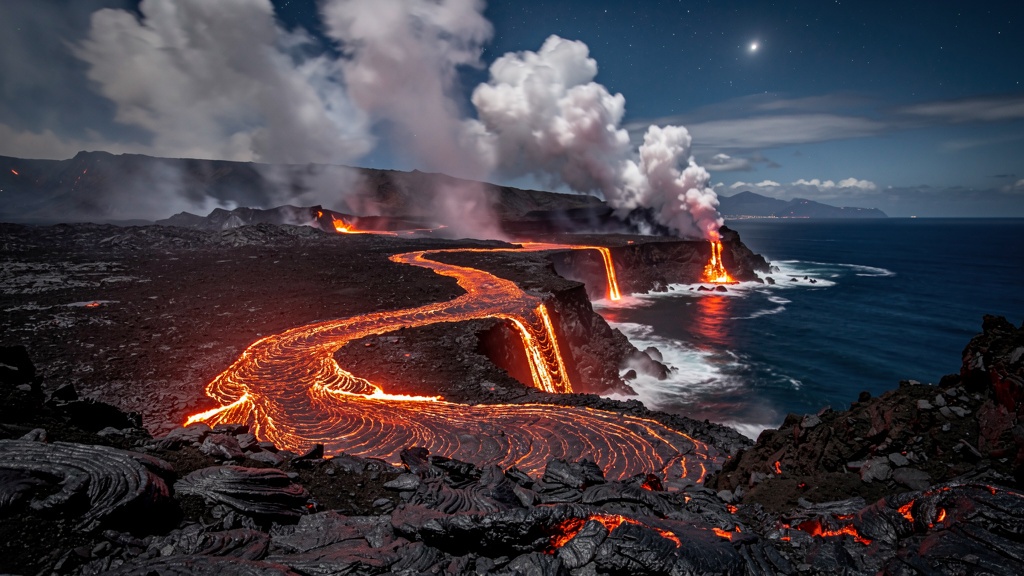 Kilauea volcano eruption at night on the Big Island of Hawaii