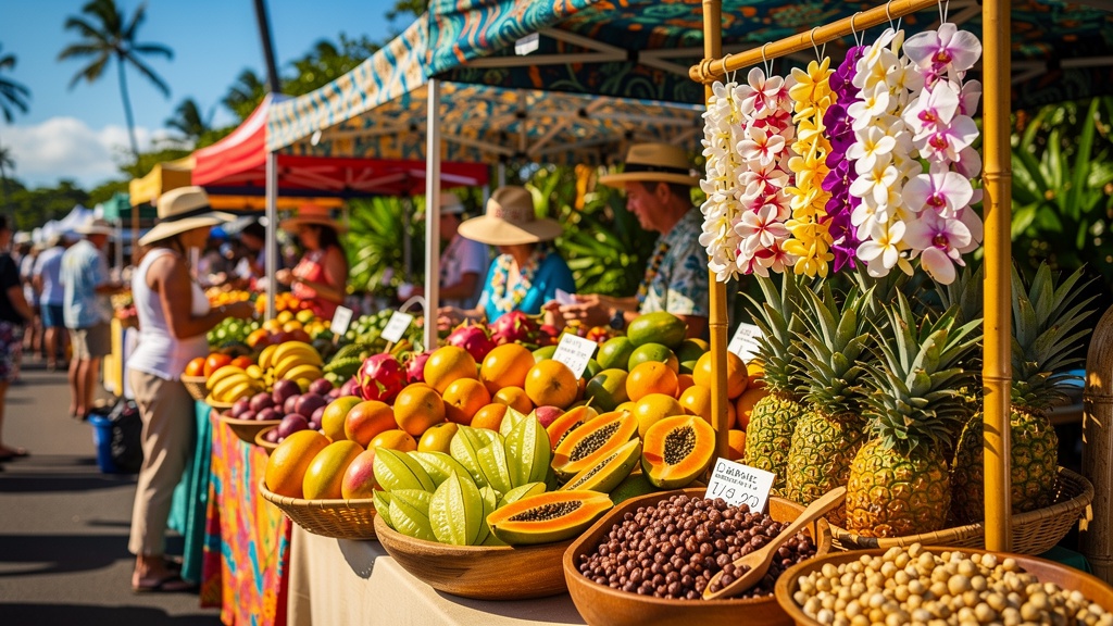 Hawaii farmers market with fresh tropical fruits including pineapples, mangoes and papayas and colorful lei stalls