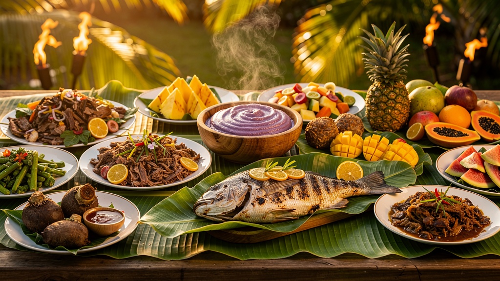 Traditional Hawaiian luau feast with fresh tropical foods on banana leaves