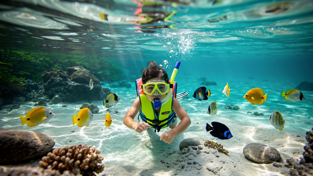 Child snorkeling in calm turquoise water