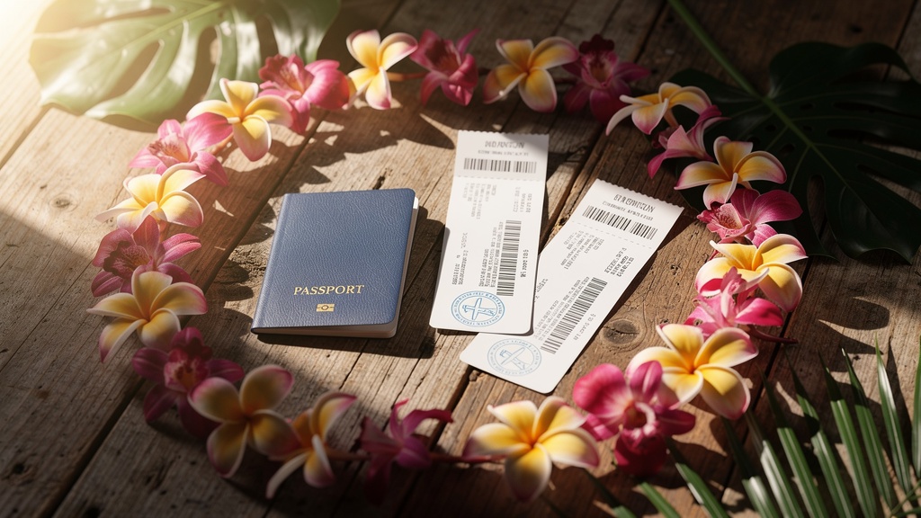 Passport and travel documents on a Hawaiian-themed table