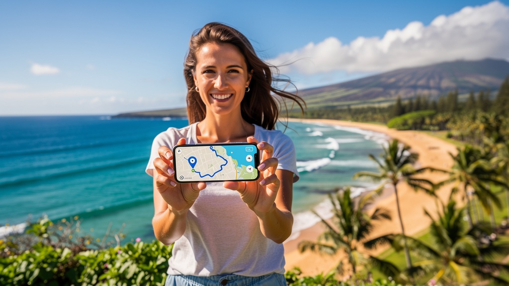 Traveler checking travel information on a phone by a Hawaiian beach