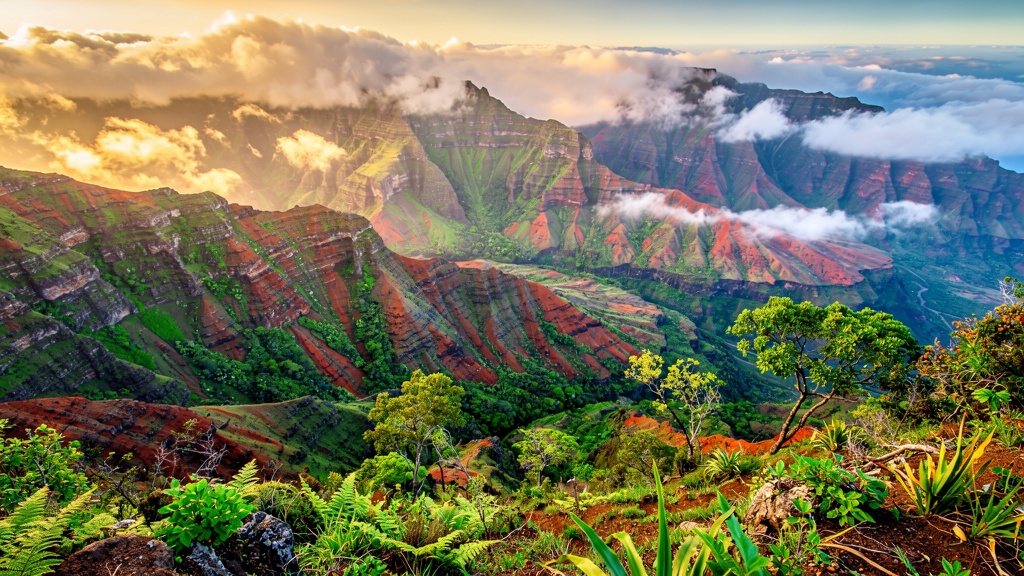 Dramatic Waimea Canyon on Kauai with red canyon walls, lush tropical vegetation, and misty clouds