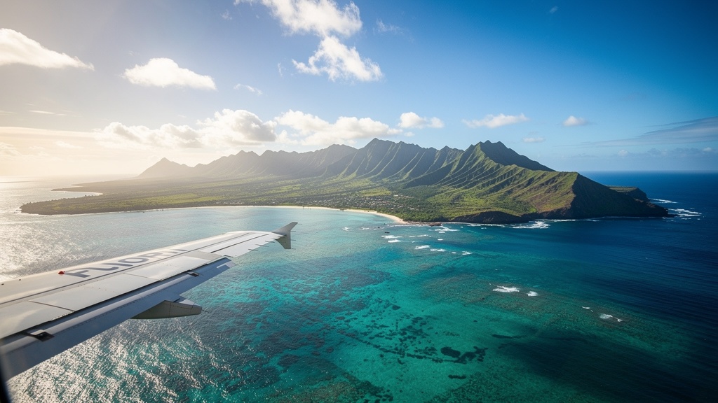 Inter-island airplane flying over the turquoise ocean between Hawaiian islands
