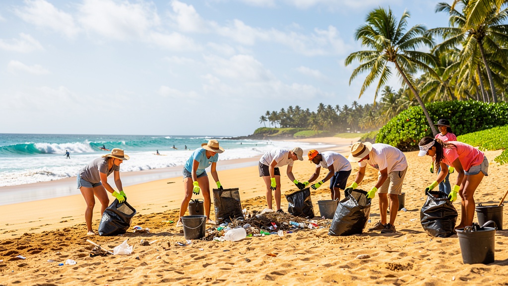 Volunteer beach cleanup crew with collected bags of debris