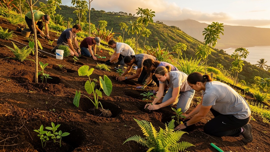 Volunteers planting native Hawaiian trees on a hillside