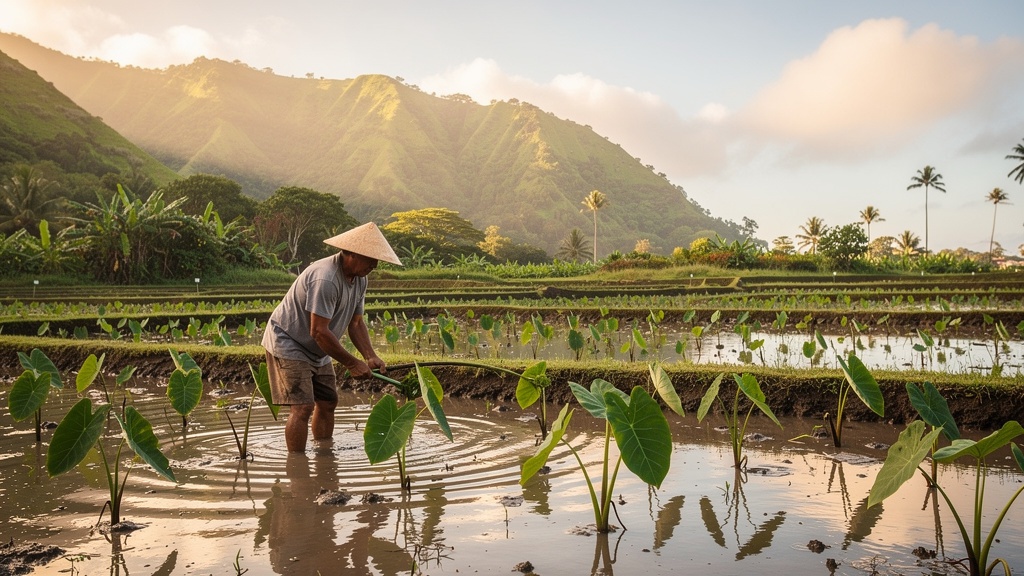 Traditional Hawaiian taro patch (loʻi) with kalo plants