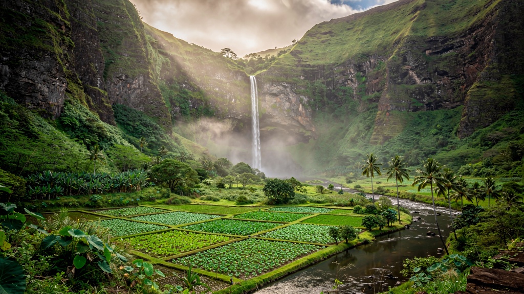 Halawa Valley with a waterfall on Molokai