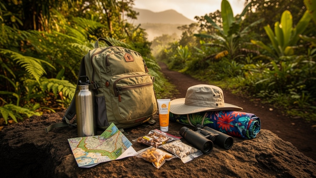 Hiking daypack with water, map and sun protection