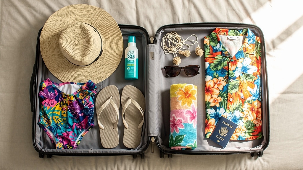 Packed suitcase with Hawaii essentials