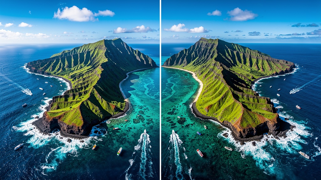 Aerial view of Hawaiian islands with turquoise channels
