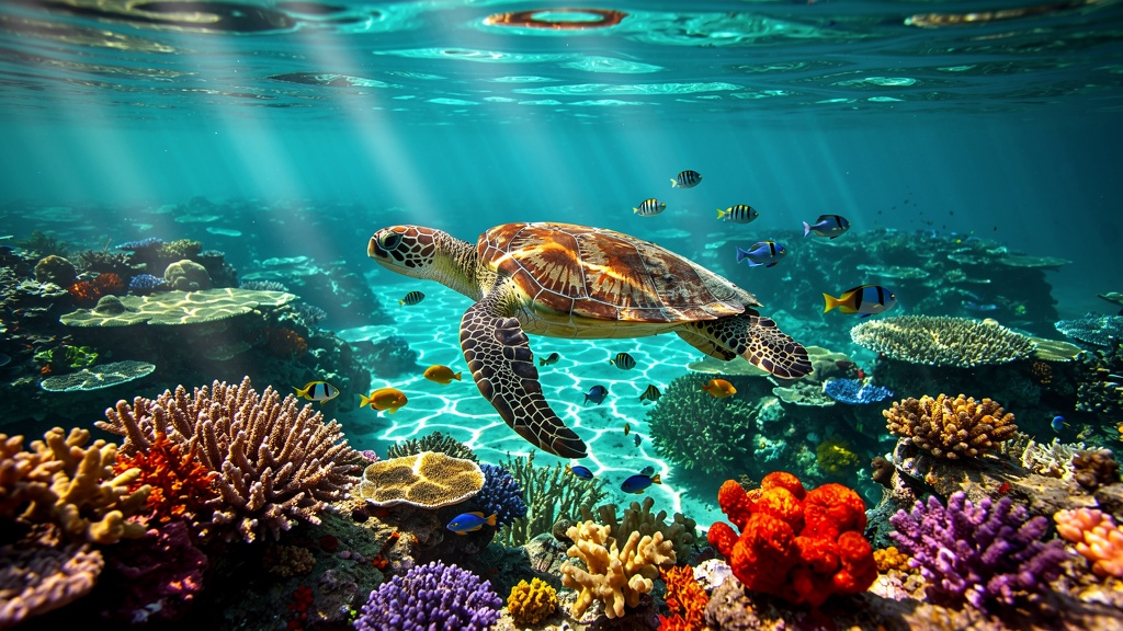 Healthy coral reef with tropical fish in clear Hawaiian water