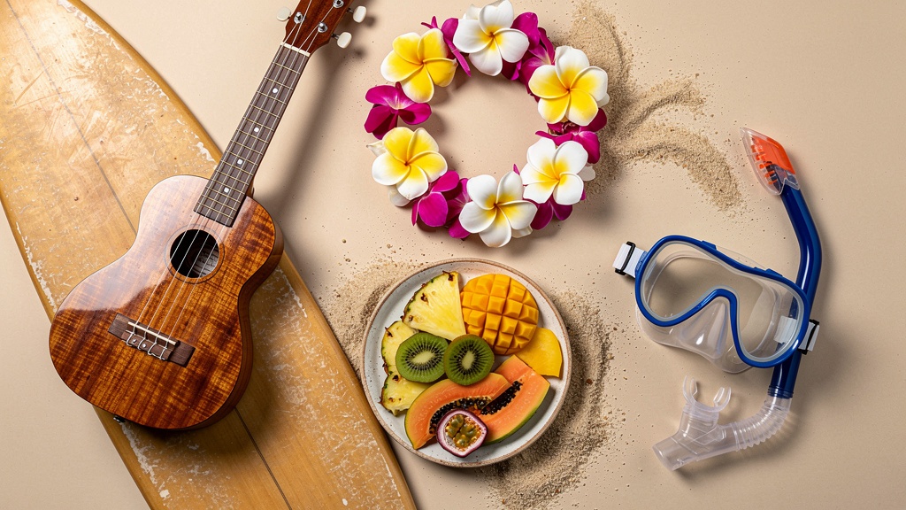 Hawaiian experiences: surfboard, ukulele, lei, snorkel mask and fruit