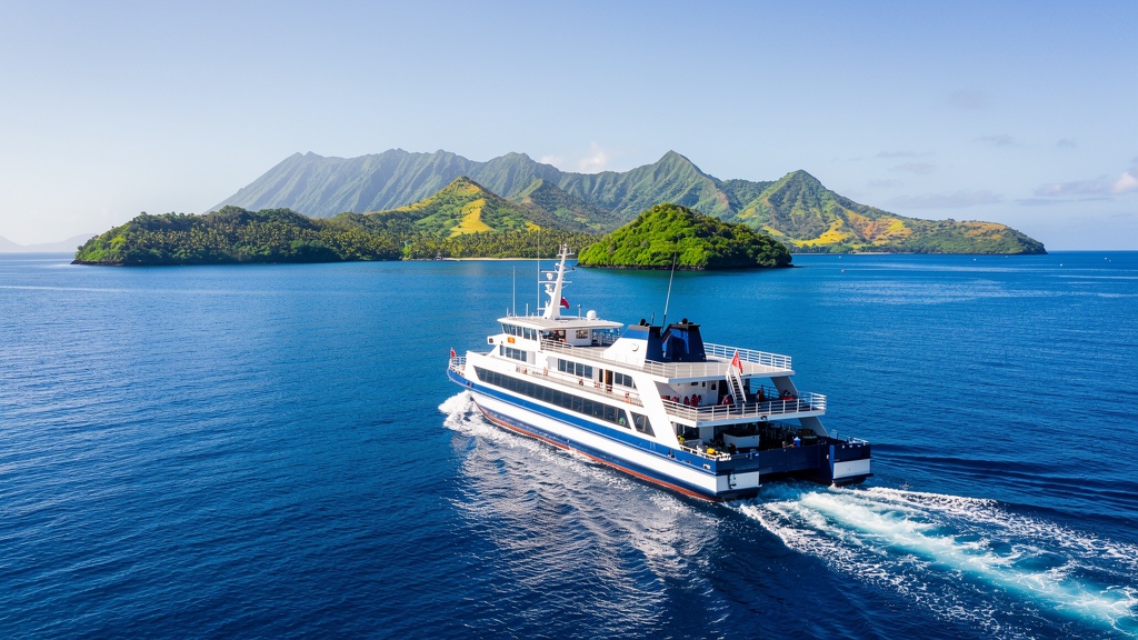 Small ferry crossing calm Hawaiian coastal waters