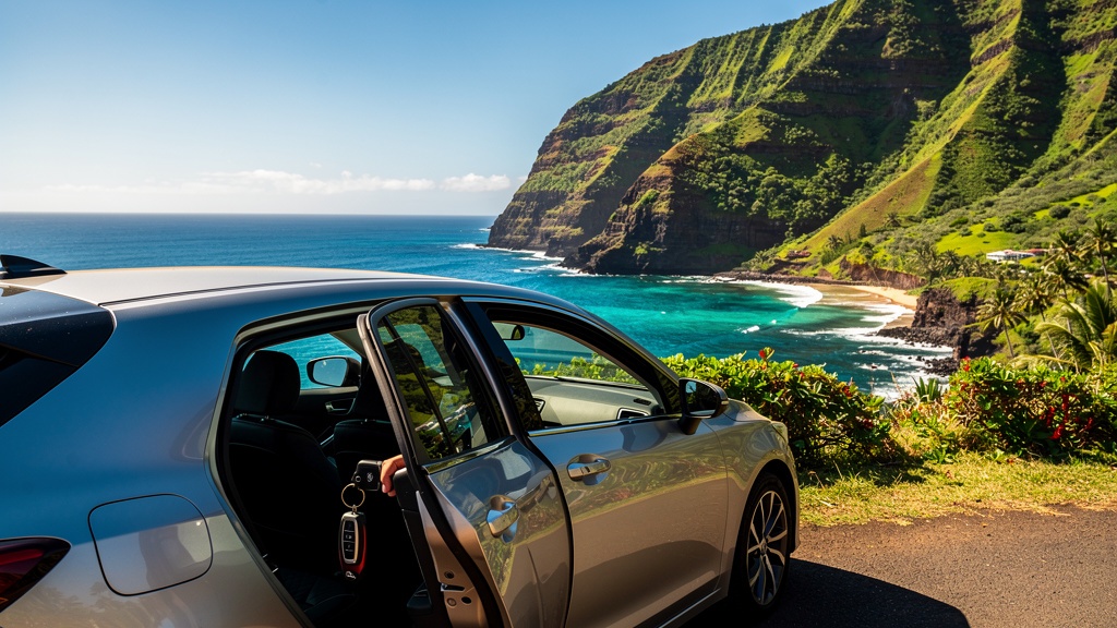 Convertible rental car parked on a Hawaiian coastal road