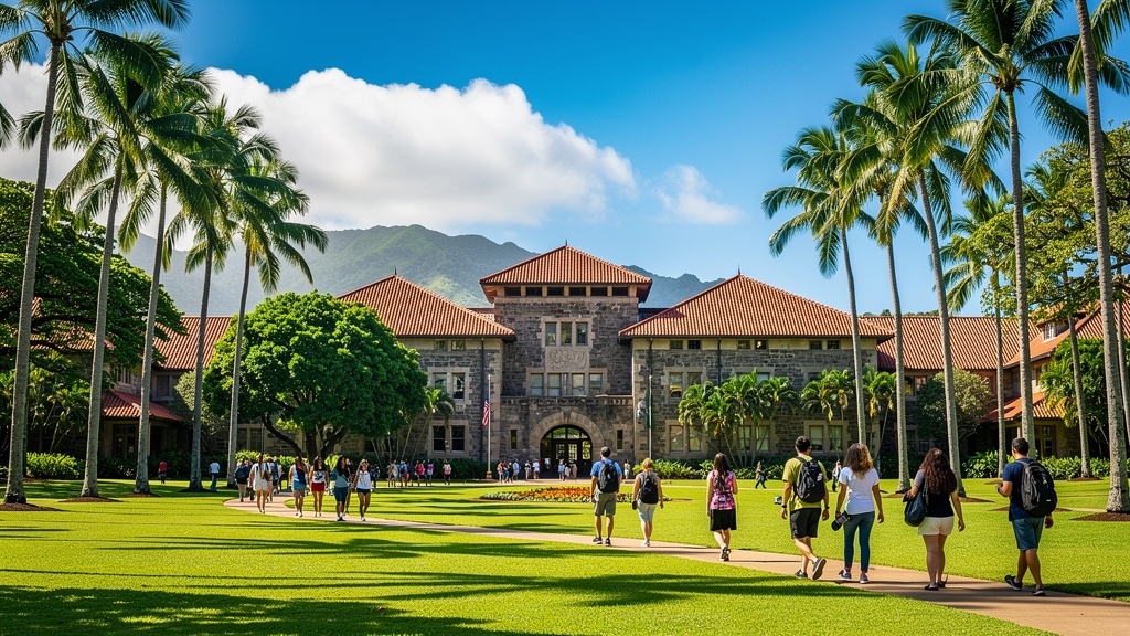 University of Hawaiʻi Mānoa campus green with palms